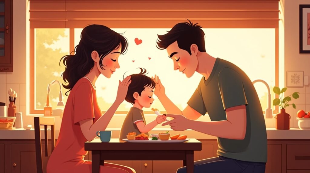 Dans une cuisine aux murs clairs décorée de céramiques anciennes, deux parents vietnamiens nourrissent leur bébé tout en riant, pendant qu’un phở mijote doucement et qu’un air de cải lương passe à la radio.