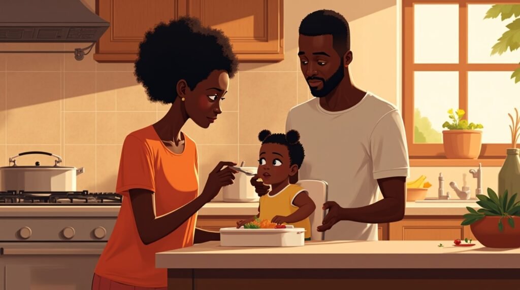 Dans une cuisine sénégalaise aux murs ocres, un couple donne le repas à leur bébé tout en échangeant des sourires, pendant qu’un délicieux yassa poulet embaume l’air et qu’un vieux morceau de mbalax tourne sur une radio posée sur une étagère en bois.