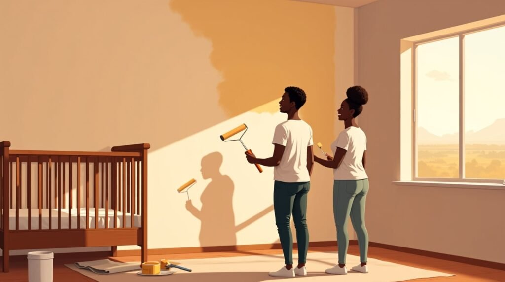 Deux futurs parents sénégalais, pleins d’enthousiasme, accrochent des guirlandes tressées à la main et des petits objets en wax dans une chambre baignée de soleil, autour d’un berceau orné de sculptures inspirées de l’art lébou.
