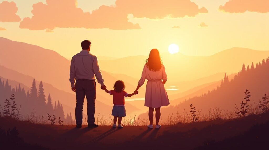 Deux parents autrichiens rient avec leur fille dans un jardin fleuri en altitude, entre des edelweiss, des pensées sauvages et le doux parfum des pins, sous un ciel doré dans les Alpes de Haute-Autriche.