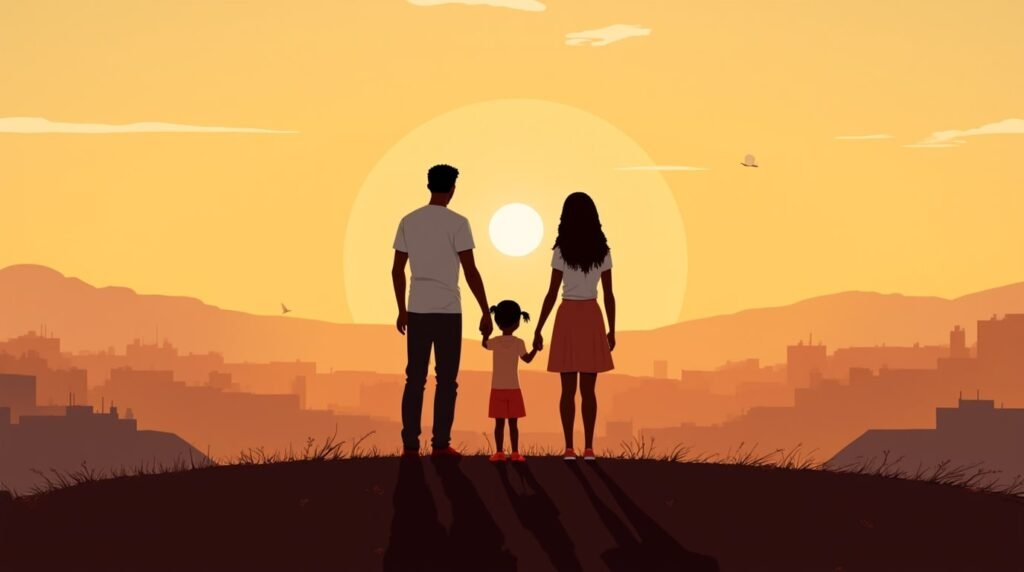 Des parents sénégalais marchent joyeusement avec leur fille dans un jardin botanique de Dakar, où les couleurs vives des bougainvillées et des hibiscus contrastent avec le tronc majestueux d’un baobab centenaire, sous un ciel embrasé de fin de journée.