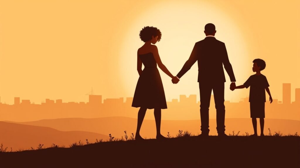 Un couple sénégalais marche main dans la main avec leur petit garçon sur les hauteurs verdoyantes du Sine-Saloum, avec en contrebas des palétuviers, des rizières brillantes et des pirogues glissant lentement sur les bolongs.