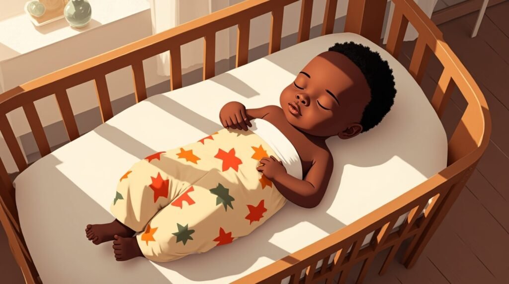 Un bébé ivoirien dort paisiblement dans un berceau fait à la main, emmitouflé dans une couverture aux motifs akan et aux couleurs ocre, crème et indigo.