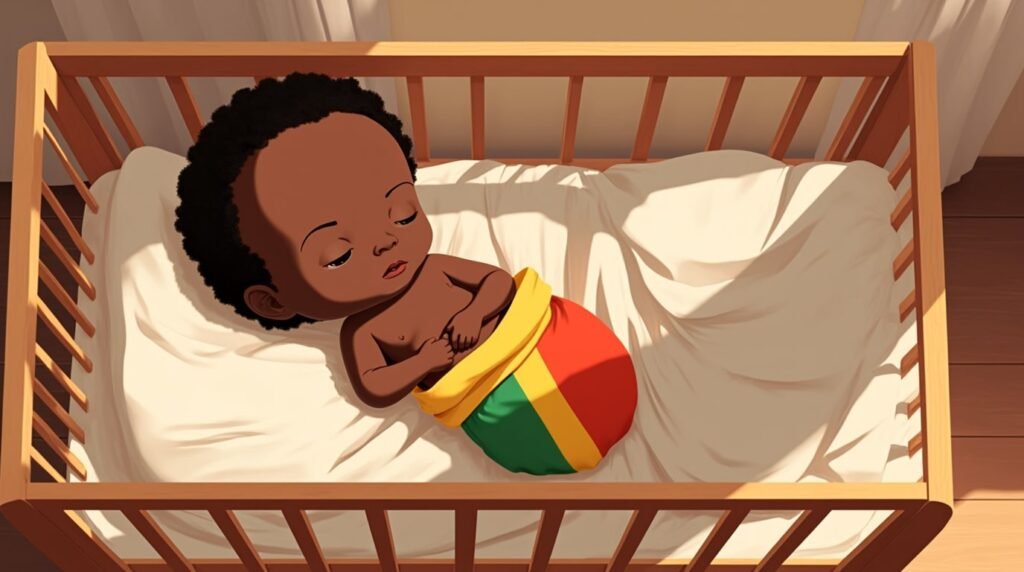 Un bébé sénégalais dort paisiblement dans un berceau artisanal en rônier, emmitouflé dans une couverture aux motifs sérères, dans les tons sable, safran et bleu profond.