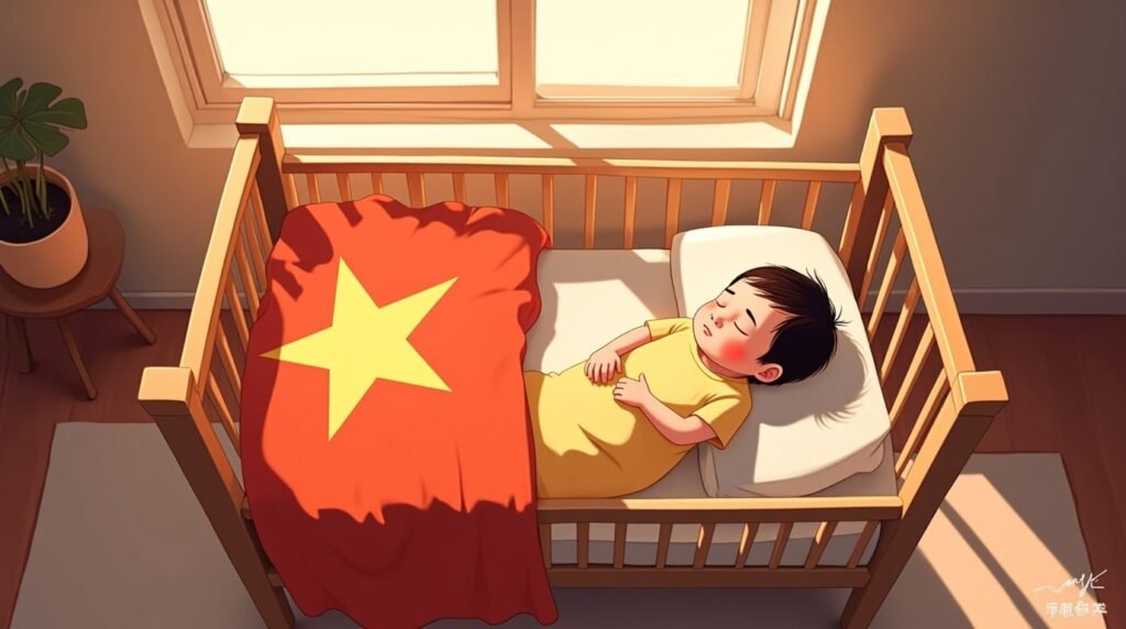 Un nourrisson vietnamien dort profondément dans un berceau en bambou tressé, enveloppé dans une couverture aux motifs brodés Hmong, bercé par le silence apaisant d’une maison en bois.