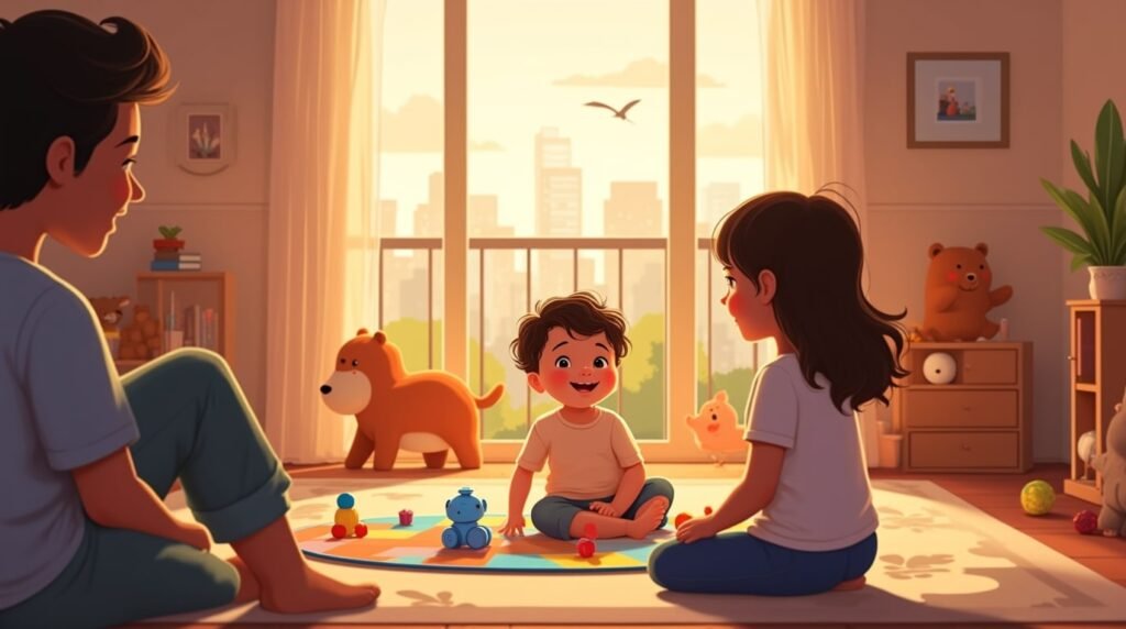 Sur un tapis tissé aux tons vifs rappelant les fêtes de quartier, un bébé cubain s’amuse avec des jouets rustiques : petites congas, animaux peints à la main et coussins décorés de motifs inspirés de la flore caribéenne.