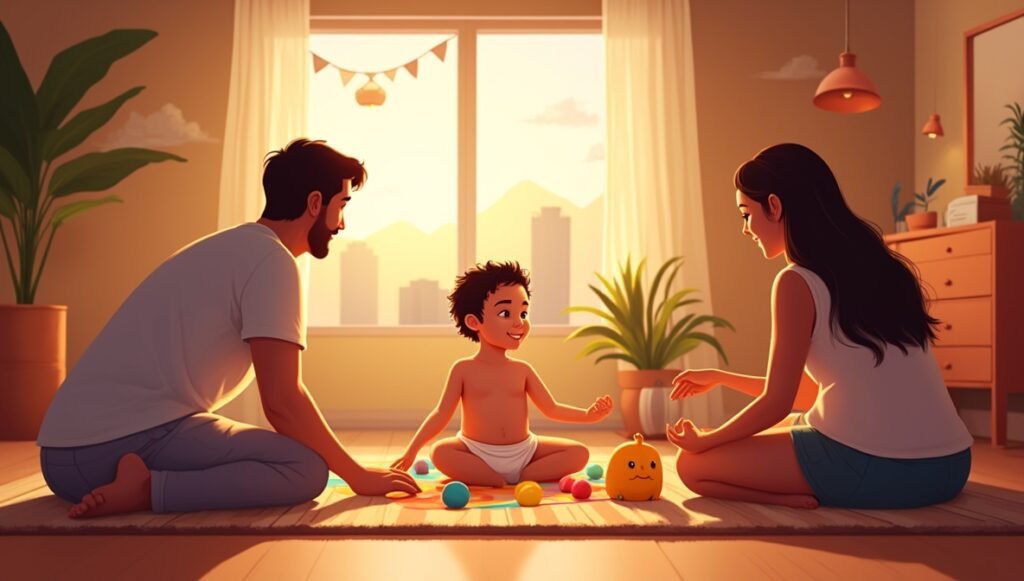 Allongé sur un tapis coloré aux motifs inspirés de la nature caribéenne, un bébé joue joyeusement avec des jouets artisanaux : tambours miniatures, petits poissons sculptés en bois, et coussins brodés aux motifs floraux tropicaux.