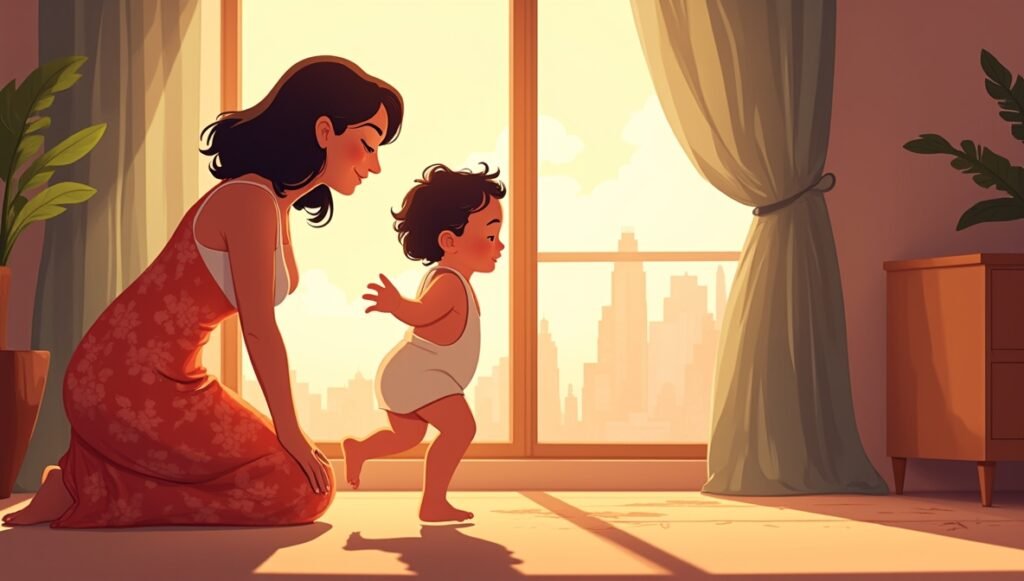 Dans un salon ouvert sur une terrasse parfumée par les bougainvilliers et les jasmins, sous la douce lumière traversant des persiennes, un bébé caribéen s’avance avec hésitation vers sa maman souriante qui lui tend les bras avec amour.