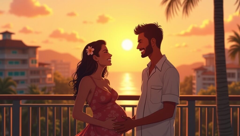 Sur la terrasse en bois d'une villa traditionnelle en Haïti, une future maman caribéenne tend avec émotion à son époux un bonnet blanc brodé à la main, pendant que le soleil couchant embrase doucement l’horizon de couleurs chaudes.