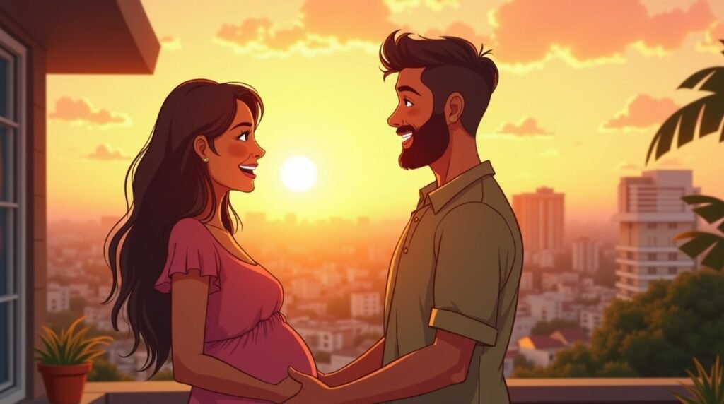 Sur une terrasse à balustrade en fer forgé, au sommet d'une maison coloniale peinte en jaune pâle, une future maman cubaine tend un petit bonnet brodé à son compagnon, sous un ciel orangé d'où s'élève le son lointain d’un trio de guitare.