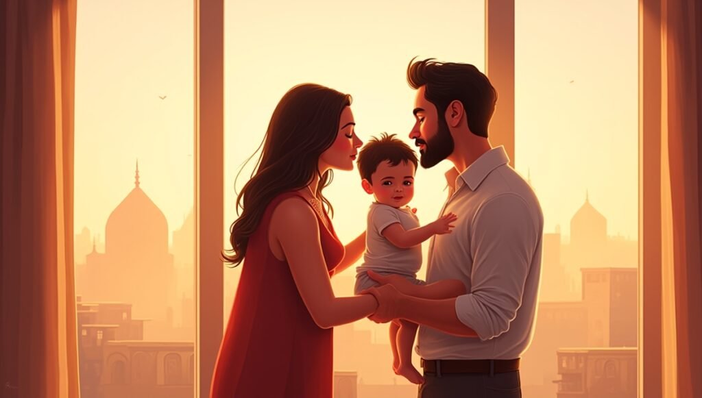 Devant les collines d’argile rouge de Kandovan, un couple iranien enlace tendrement leur bébé, entouré de maisons troglodytiques, de fleurs sauvages et de sentiers creusés dans la roche.