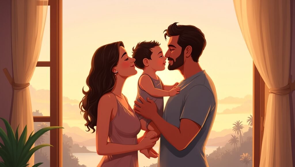 Au cœur des paysages volcaniques de Sainte-Lucie, un couple caribéen enlace leur bébé avec tendresse, près des petites maisons colorées et des flamboyants fleuris longeant un chemin paisible et silencieux.