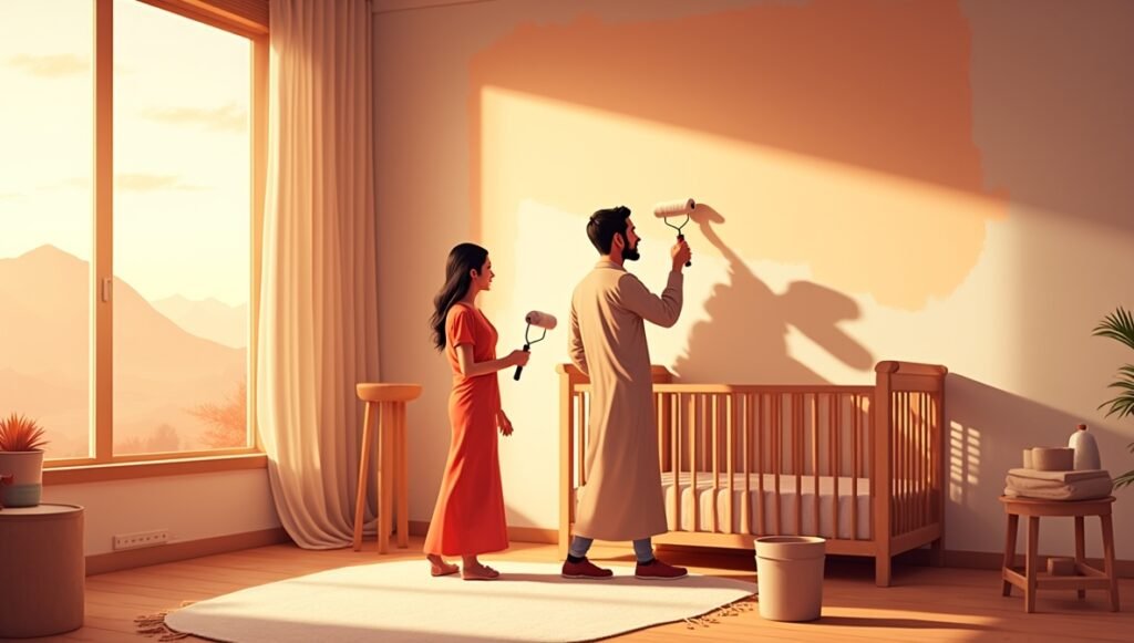 Un couple iranien prépare avec amour la chambre de leur futur bébé, suspendant des décorations en tissu qalamkar, des amulettes persanes et un mobile en forme d’étoiles et de grenades.