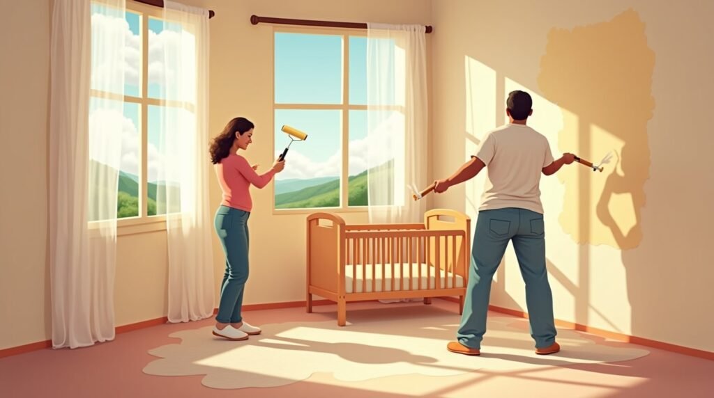 Un couple cubain décore tendrement la chambre de leur futur bébé avec des rideaux en dentelle ajourée, des jouets faits main en fibres naturelles, un vieux fauteuil en rotin et un mobile tournoyant fait de perles colorées et de feuilles séchées.