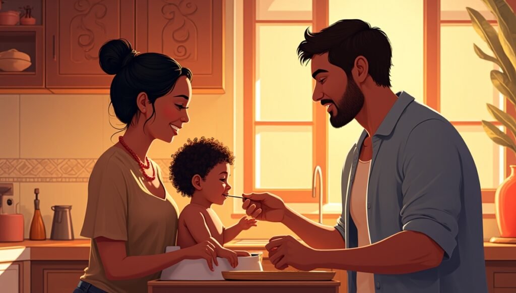 Dans une cuisine créole baignée de parfums d’épices et décorée de poteries artisanales et d’ustensiles en cuivre patiné, un couple caribéen nourrit tendrement leur bébé tandis qu’un colombo mijote doucement au son joyeux du zouk à la radio.