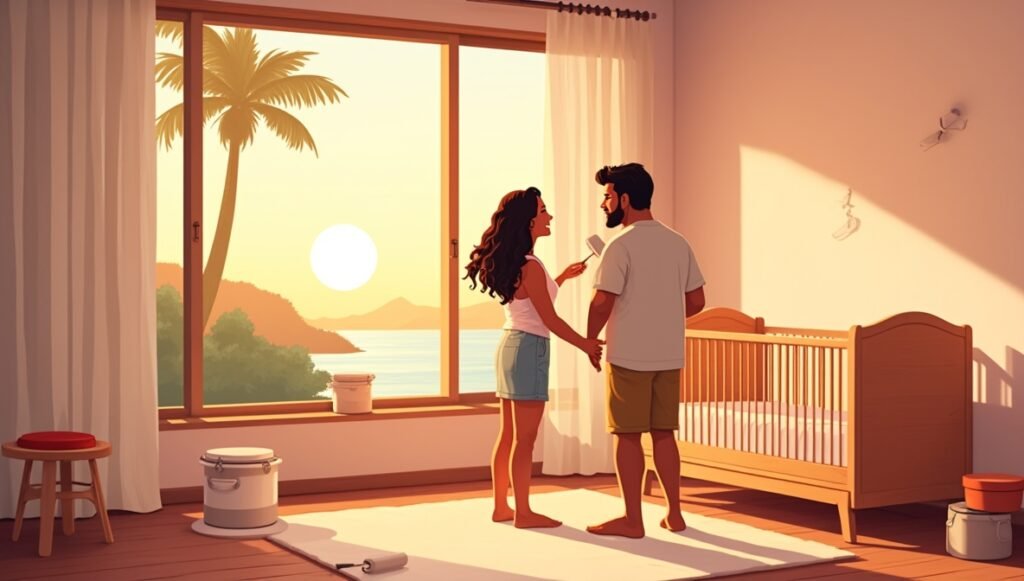 Un couple caribéen aménage tendrement la future chambre de leur bébé, décorée de tissus madras colorés, de lampes en bambou, de tableaux aux motifs créoles et d’un mobile suspendu en forme d’oiseaux exotiques et de lunes argentées.