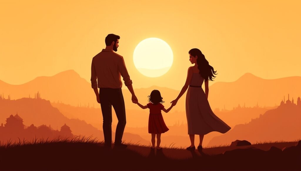 Deux parents iraniens partagent un moment complice avec leur fille au cœur d’un jardin persan d’Ispahan, entre les jets d’eau des bassins, les parfums de roses anciennes et l’ombre bienveillante des cyprès taillés avec soin.