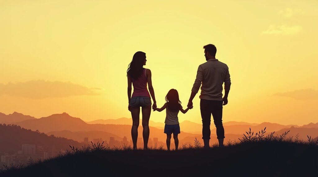 Deux parents cubains partagent un instant complice avec leur fille dans un jardin tropical de La Havane, entre les effluves de jasmin, le bruissement des feuilles de bananier et le murmure d’une vieille fontaine en pierre.
