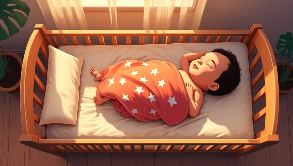 Un bébé caribéen dort sereinement dans un berceau artisanal en bois tropical, emmitouflé dans une couverture douce en coton madras aux couleurs éclatantes rappelant les traditions des îles.