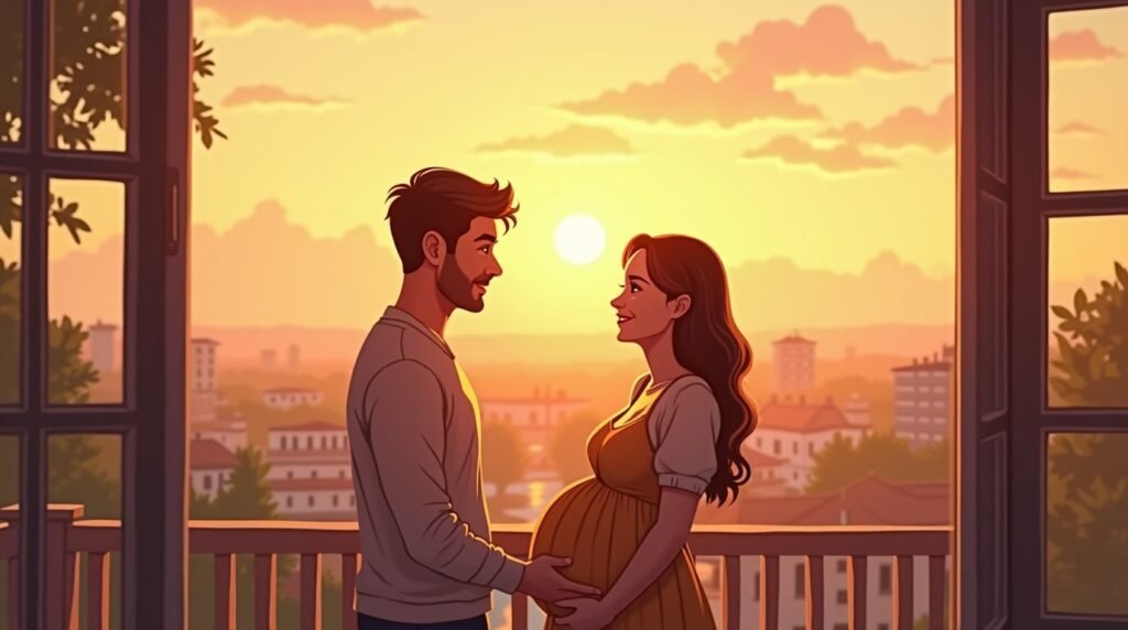Sur la terrasse en bois d’une datcha traditionnelle, une future maman des pays de l’Est annonce à son mari qu’ils attendent une petite fille, sous un ciel embrasé où les bouleaux se découpent en ombres argentées.