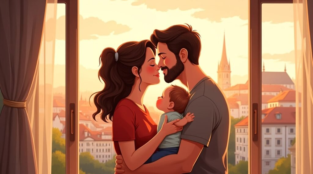 Assis au bord d’un quai sur le Danube, un couple hongrois enlace tendrement leur bébé, entouré de façades baroques pastel, de petits bateaux à moteur et du vol lent des mouettes au-dessus de l’eau scintillante.