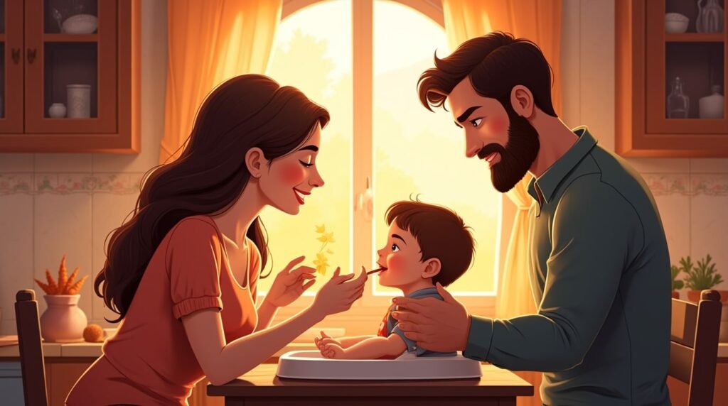 Dans une cuisine traditionnelle aux carreaux peints et aux poutres apparentes, un couple hongrois donne le repas à leur petite fille pendant qu’un goulash parfumé mijote dans un chaudron et qu’une csárdás entraînante joue à la radio.