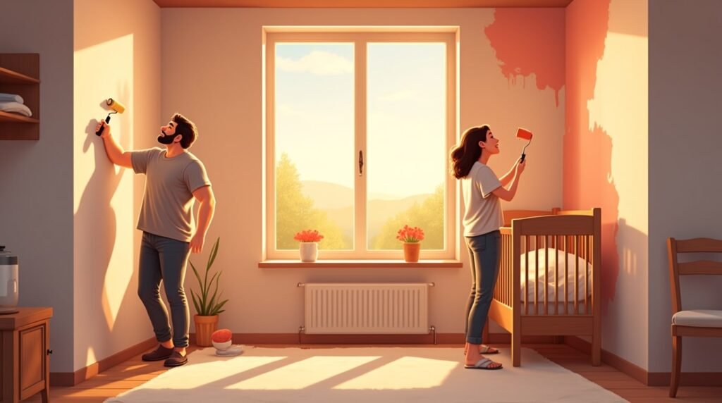 Un couple hongrois prépare avec soin la chambre de leur futur bébé, décorée de textiles kalocsai colorés, de jouets en bois peints à la main et d’un mobile représentant des cigognes et des fleurs folkloriques.
