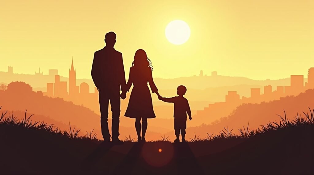 Un couple des pays de l’Est marche paisiblement avec leur fils sur un sentier bordé de champs de blé et de coquelicots, dominant les collines verdoyantes, tandis qu’une brise fraîche apporte l’odeur des pins et le chant des alouettes.