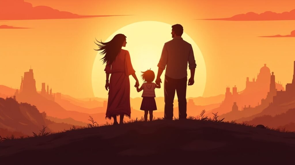 Deux parents amérindiens rient avec leur fillette dans un jardin de plantes médicinales, près d’un tipi coloré, entourés de tournesols, de maïs en fleurs et du murmure discret d’un ruisseau sacré.