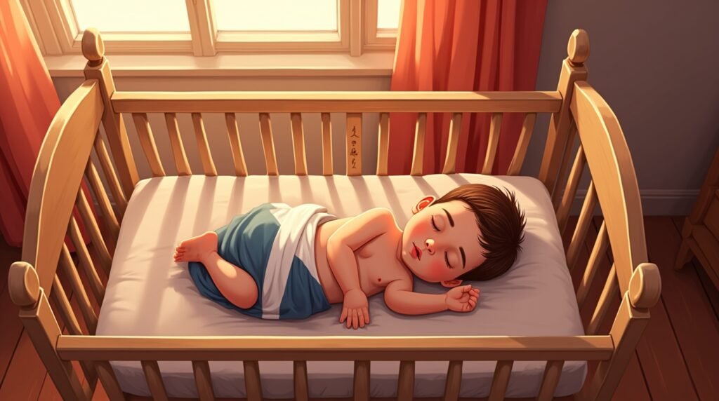 Un bébé écossais dort paisiblement dans un berceau ancien en bois sculpté, emmitouflé dans une couverture aux motifs géométriques inspirés des clans gaéliques, tandis qu’un feu de tourbe crépite doucement en arrière-plan.