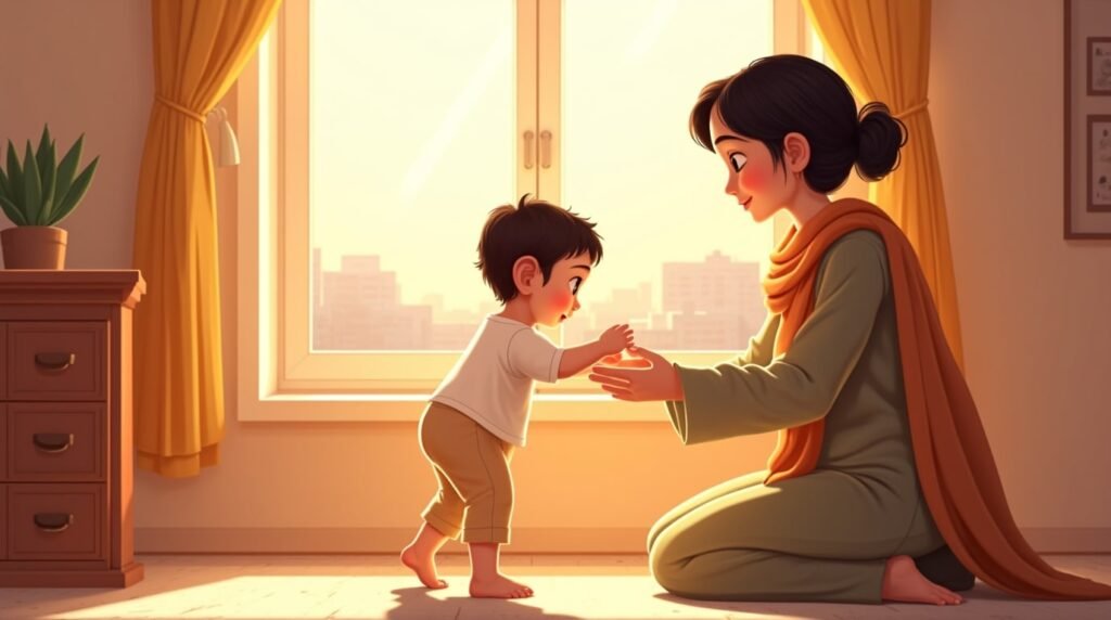 Dans une maison ouverte sur une cour fleurie de jasmins et de manguiers, un bébé pakistanais s’avance à pas hésitants vers sa mère souriante, tandis que la lumière du matin éclaire des mosaïques aux couleurs vives.