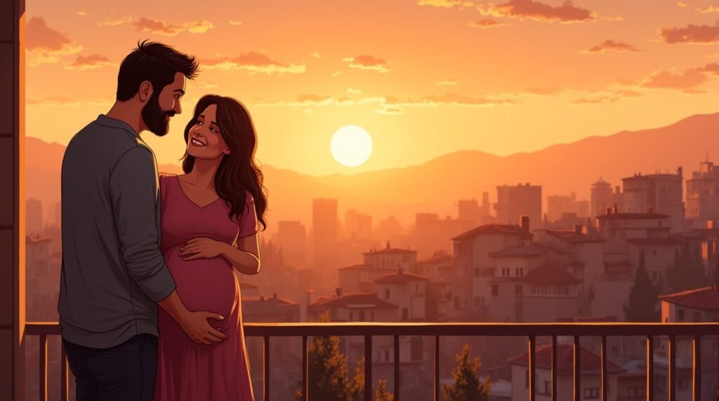 Sur la terrasse en pierre d’une maison traditionnelle du Lori, une future maman arménienne annonce à son mari qu’ils attendent une petite fille, sous un ciel flamboyant où se dessinent les silhouettes du mont Aragats.