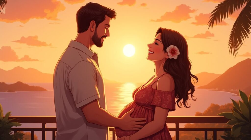 Sur la terrasse en bambou d’une maison traditionnelle en bord de mer, une future maman hawaïenne annonce à son mari qu’ils attendent une petite fille, sous un ciel embrasé par le coucher de soleil sur l’océan Pacifique.