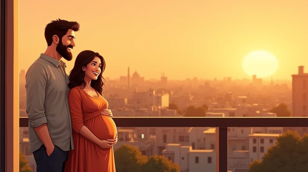 Sur la terrasse en marbre d’une maison traditionnelle du Pendjab, une future maman pakistanaise annonce à son mari qu’ils attendent un bébé, sous un ciel embrasé où se découpent minarets et collines lointaines.