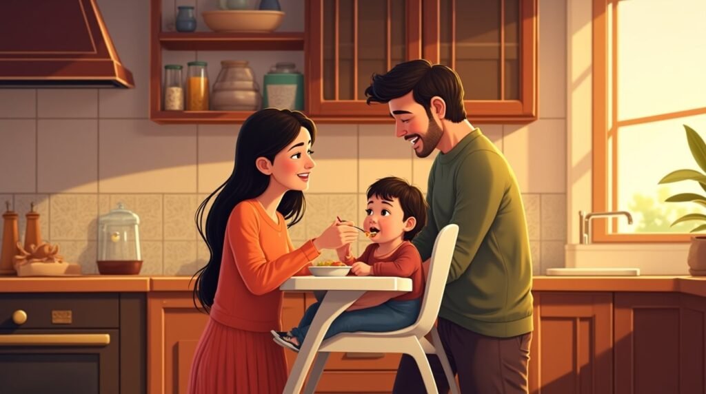 Dans une cuisine décorée de carreaux colorés et de poteries en cuivre, un couple pakistanais nourrit leur bébé tandis qu’un biryani parfumé mijote doucement et qu’une mélodie de sitar emplit la pièce.
