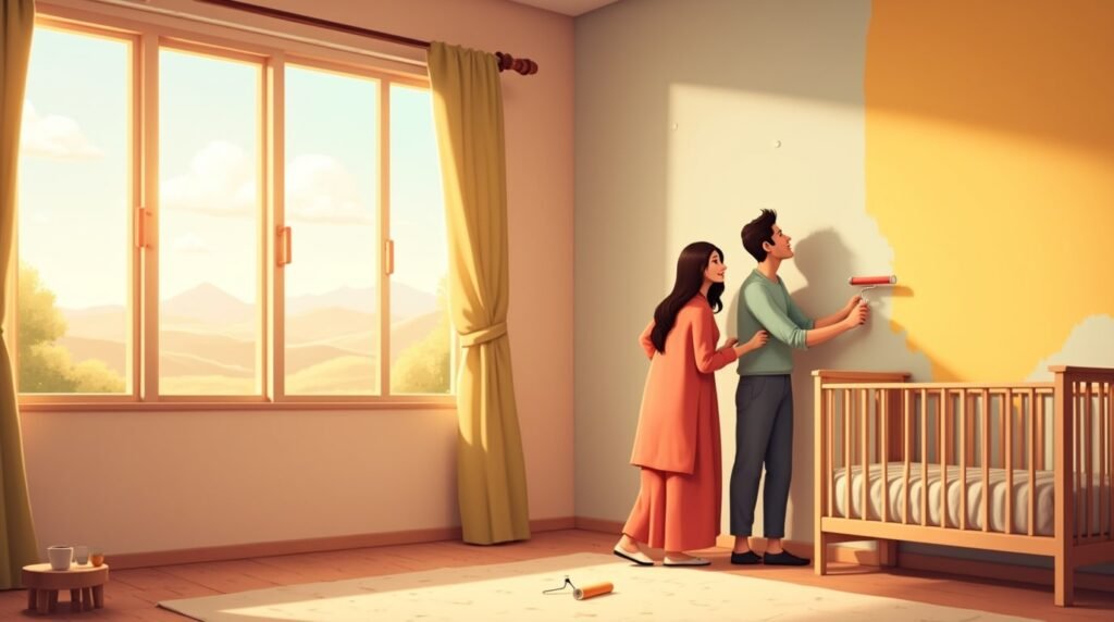 Un couple pakistanais prépare avec tendresse la chambre de leur bébé, décorée de tapis kilim colorés, de calligraphies élégantes et d’un mobile orné de croissants de lune et d’étoiles argentées.