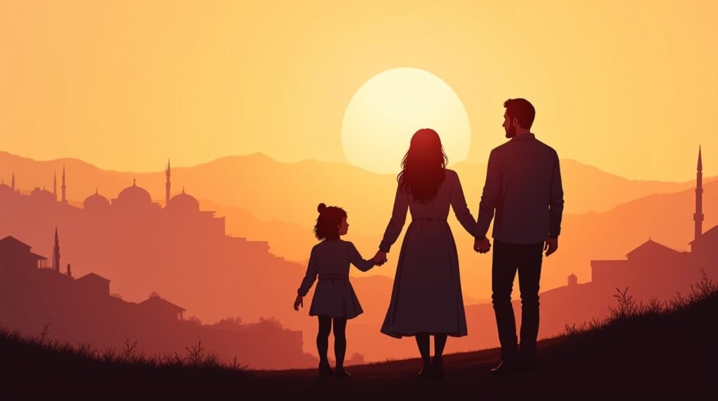 Deux parents arméniens rient avec leur fillette dans un jardin orné de rosiers et de grenadiers, près d’une maison en pierre volcanique, tandis que le murmure d’une source claire descend des collines environnantes.
