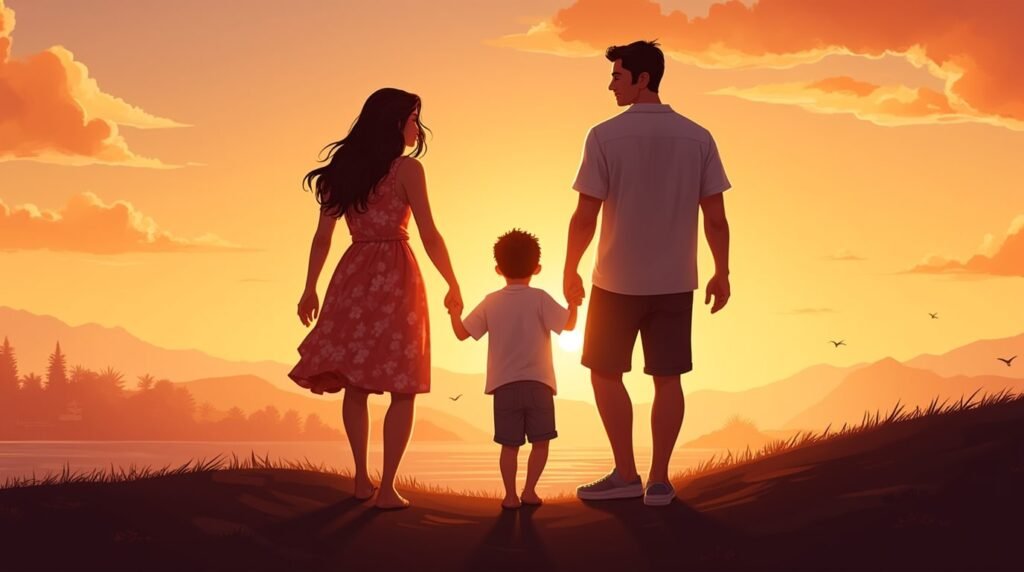 Un couple hawaïen marche paisiblement avec leur fils le long d’un sentier bordé d’hibiscus rouges et de fougères luxuriantes, dominant une vallée tropicale où la brise transporte l’odeur du tiaré et le chant des oiseaux exotiques.