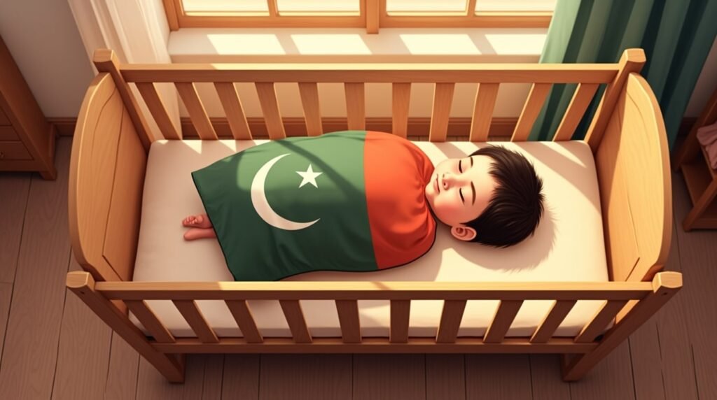 Un bébé pakistanais dort paisiblement dans un berceau en bois sculpté, emmitouflé dans une couverture tissée aux motifs géométriques inspirés de l’artisanat de Sindh, dans des tons rouges, bleus et or.