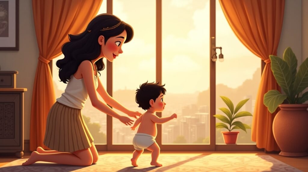 Dans une maison en bois ouverte sur un fare fleuri de bougainvilliers et de frangipaniers, un bébé tahitien s’avance à pas hésitants vers sa mère souriante, tandis que la lumière du matin se reflète sur le lagon au loin.
