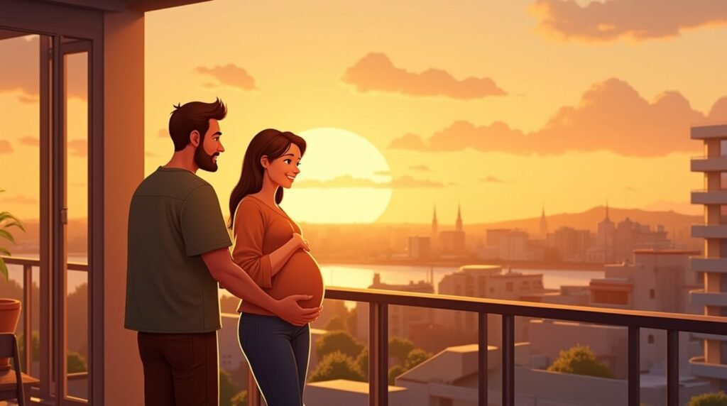 Sur la terrasse en bois d’un chalet isolé face aux fjords, une future maman islandaise annonce à son compagnon qu’ils attendent un bébé, sous un ciel doré où les nuages se teintent des couleurs du soleil de minuit.