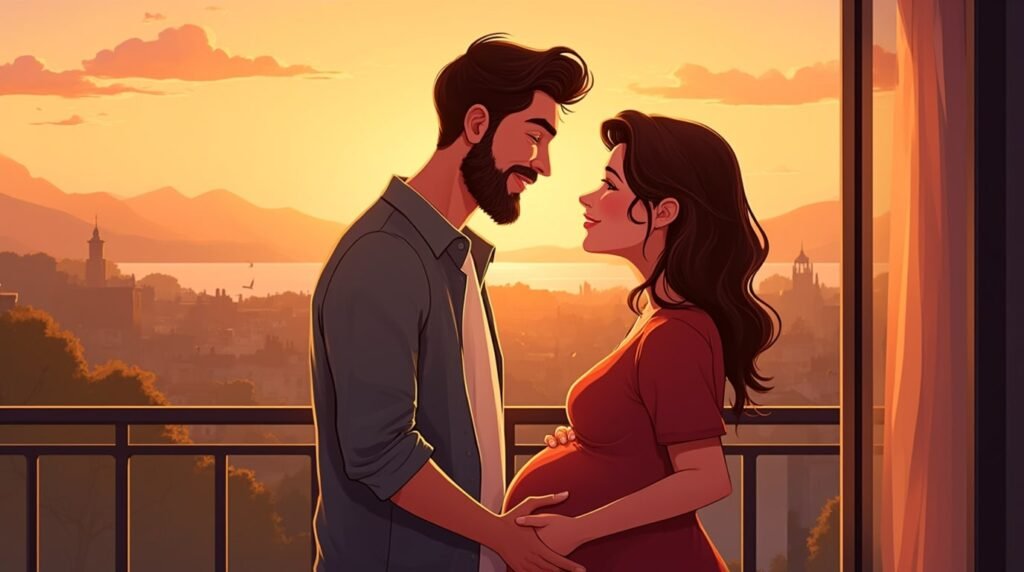 Sur la terrasse d’un cottage en pierre, une future maman irlandaise annonce à son compagnon qu’ils attendent un bébé, sous un ciel doré où le soleil perce entre deux averses au-dessus des collines du Connemara.