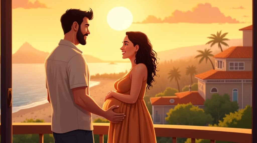 Sur la terrasse en bois d’une maison traditionnelle au bord du lagon, une future maman tahitienne annonce à son compagnon qu’ils attendent un bébé, sous un ciel embrasé par le coucher de soleil sur l’océan Pacifique.