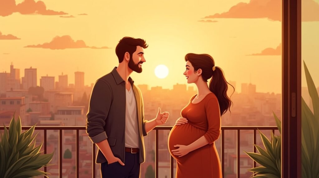 Sur la terrasse en pierre d’une maison traditionnelle du Mont-Liban, une future maman libanaise annonce à son compagnon qu’ils attendent un bébé, sous un ciel flamboyant où se dessinent les cèdres majestueux.