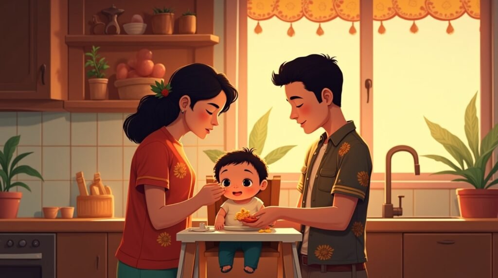 Dans une cuisine ouverte sur la nature, décorée de nattes tressées et de poteries locales, un couple tahitien nourrit leur bébé tandis qu’un poisson cru au lait de coco est préparé et qu’une douce mélodie de ukulélé emplit l’air.