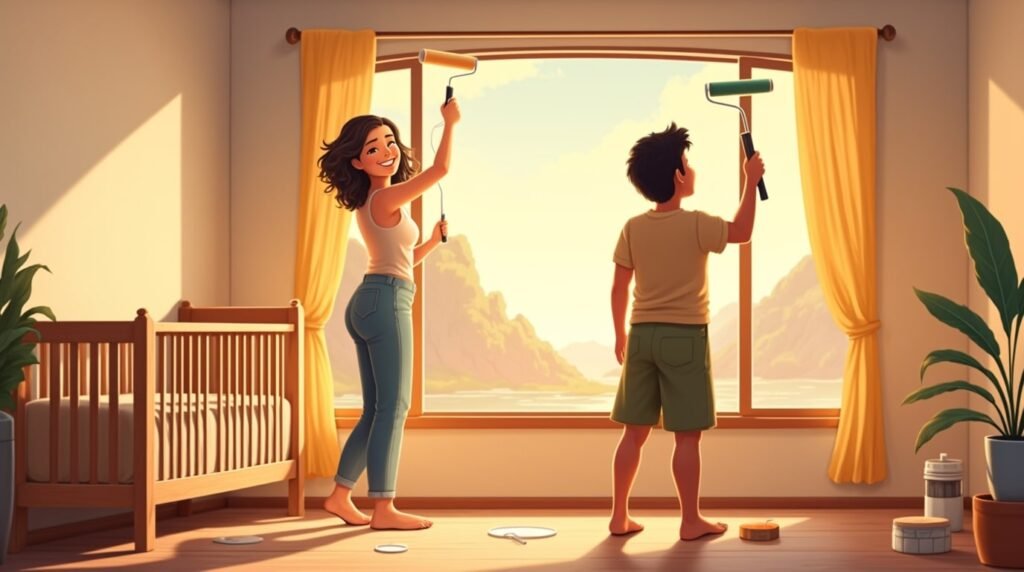 Un couple tahitien prépare avec tendresse la chambre de leur bébé, décorée de tapa colorés, de colliers de coquillages et d’un mobile orné de poissons tropicaux, de fleurs et d’étoiles de mer.