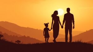 Deux parents congolais rient avec leur bébé dans un jardin luxuriant, entourés d’hibiscus, de manguiers et d’une petite fontaine de pierre où se reflètent les rayons du soleil de l’après-midi.