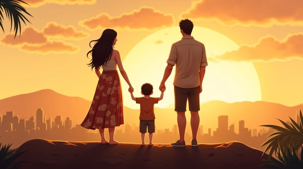 Un couple tahitien marche paisiblement avec leur bébé le long d’un sentier bordé d’hibiscus et de tiaré parfumés, dominant un lagon turquoise où la brise marine transporte le chant des oiseaux tropicaux.