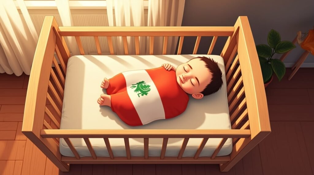 Un bébé libanais dort paisiblement dans un berceau en bois sculpté, emmitouflé dans une couverture douce aux motifs géométriques inspirés des tissages traditionnels, dans les tons rouges, or et bleu nuit.