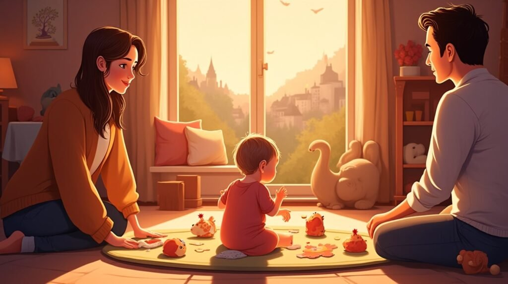 Allongé sur un tapis en laine tissée main, un bébé gaëlique joue avec des jouets artisanaux : petits moutons en bois, poupées en lin et coussins brodés de nœuds celtiques entrelacés.